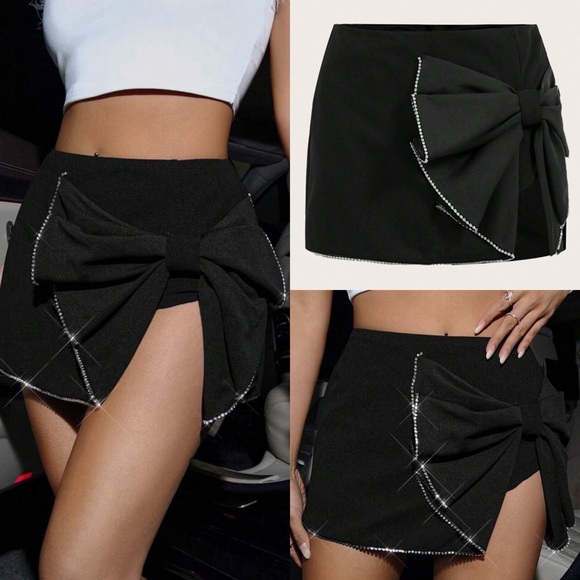 Rhinestone trim bow detail mini skirt with hidden shorts - mini skort - Picture 1 of 10